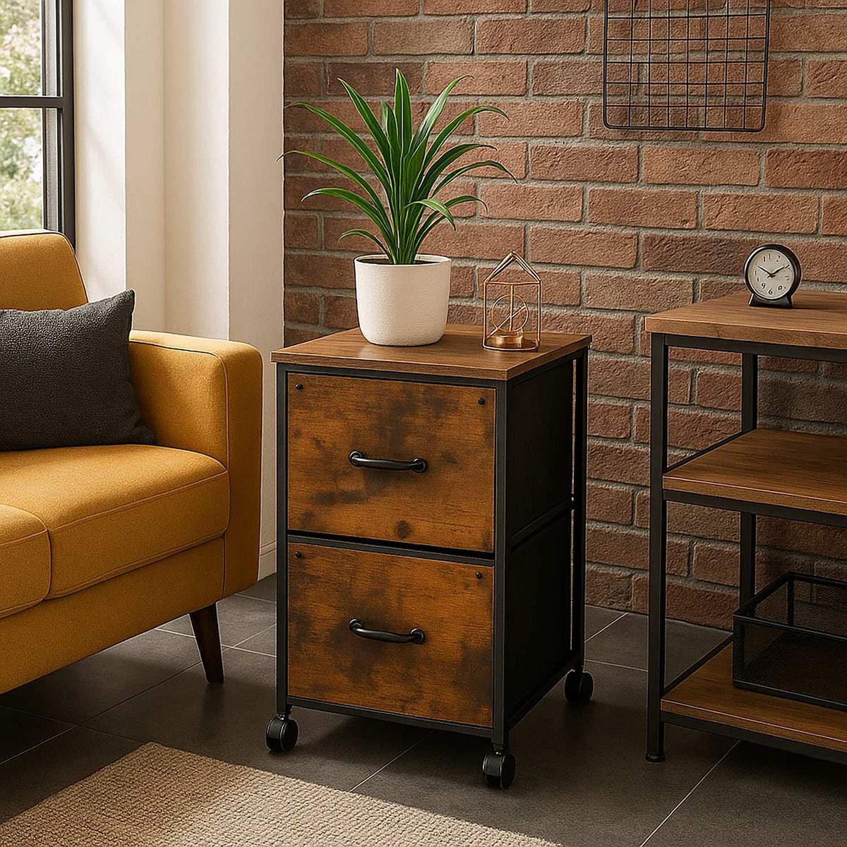 Mobile File Cabinet, 2 Drawers, Industrial Style