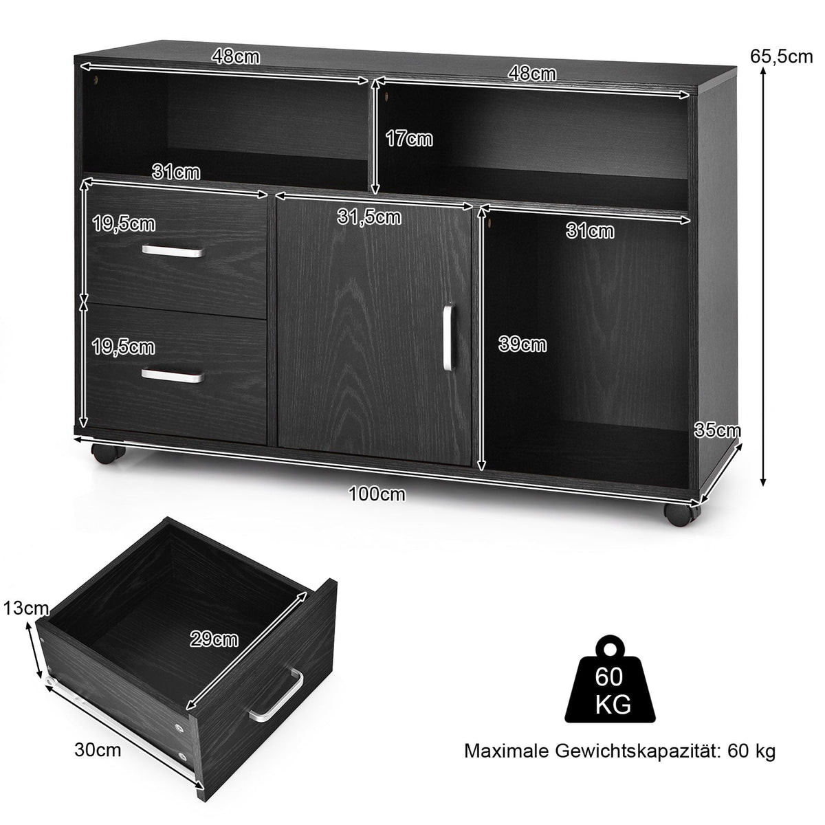 Mobile File Cabinet with 2 Drawers & 3 Shelves, Black MDF