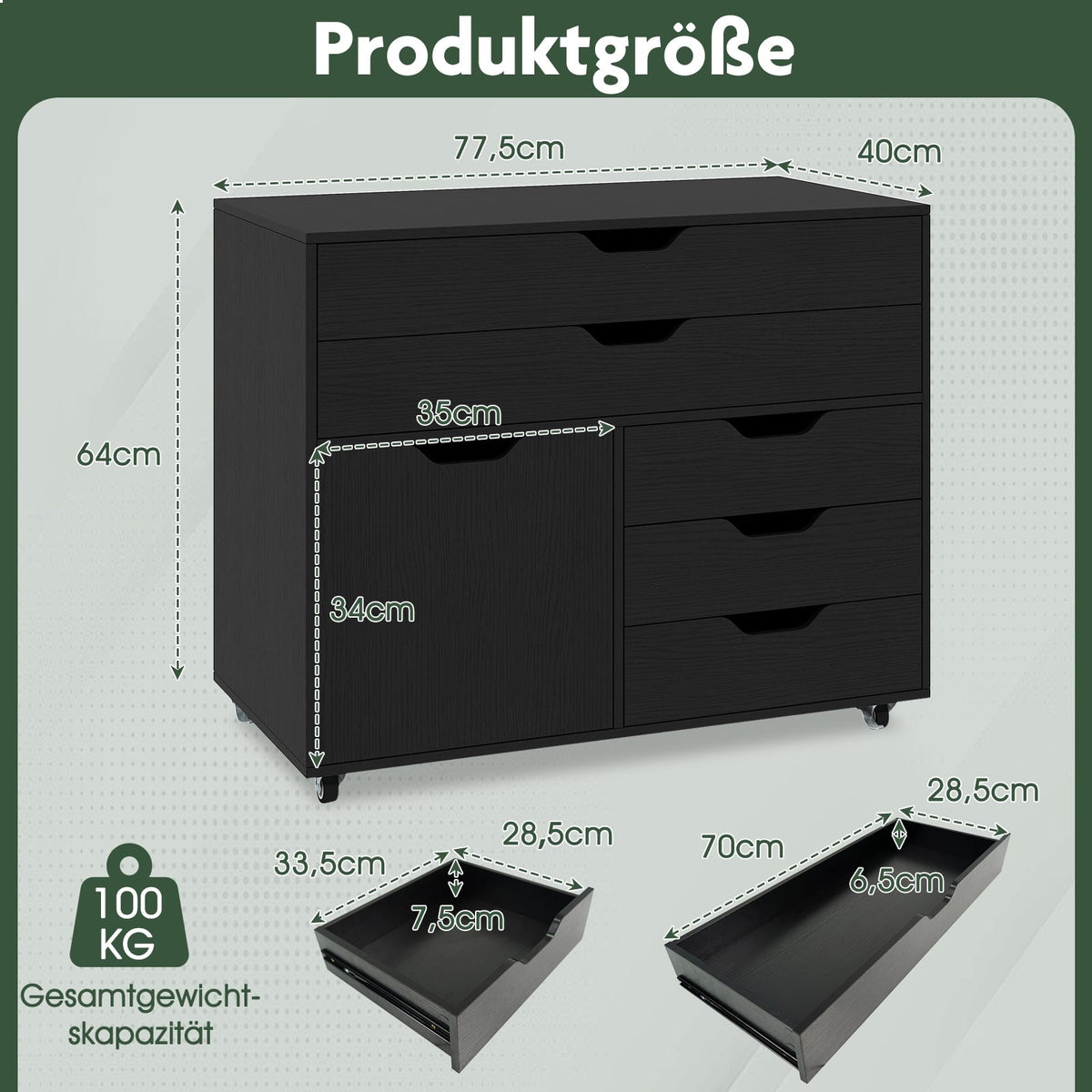 Mobile File Cabinet with 5 Drawers & Cabinet, Black