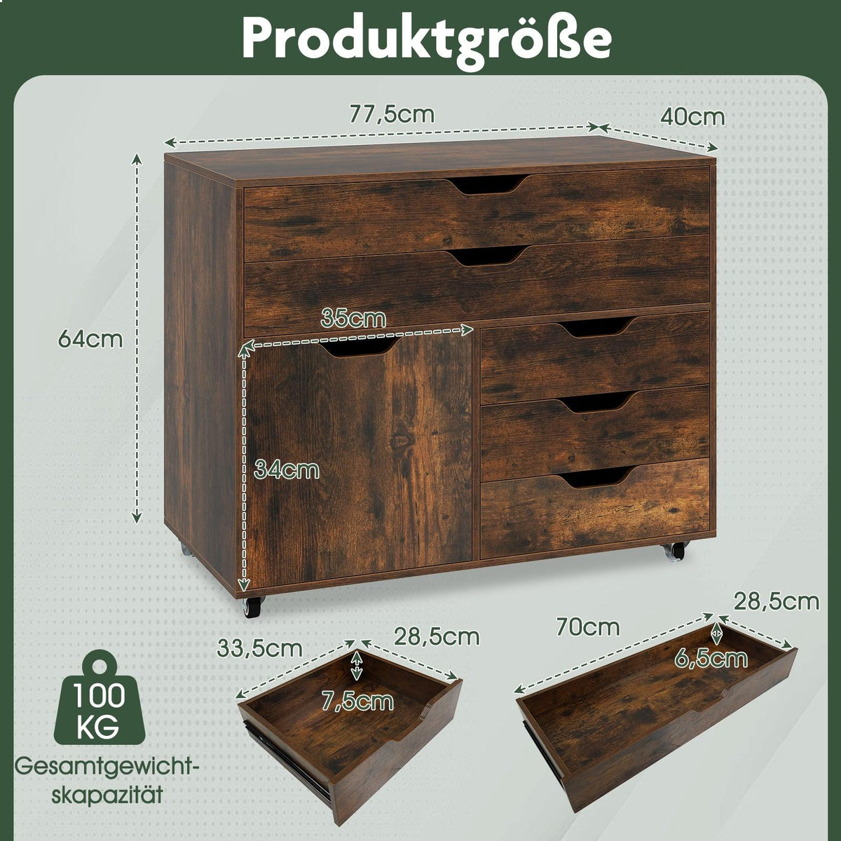 Mobile File Cabinet with 5 Drawers and Cabinet – Brown