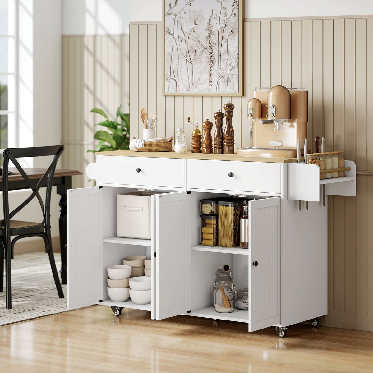 Mobile Kitchen Island, 2 Drawers, Spice Rack, MDF, White