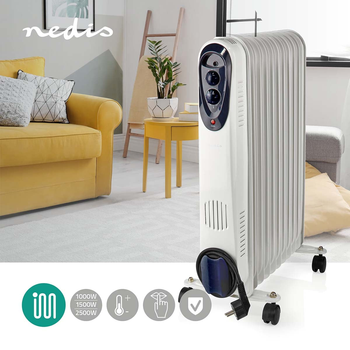 Mobile Oil Radiator | 1000 / 1500 / 2500 W | 11 Fins | Adjustable thermostat | 3 Heat Settings | Fall over protection | White