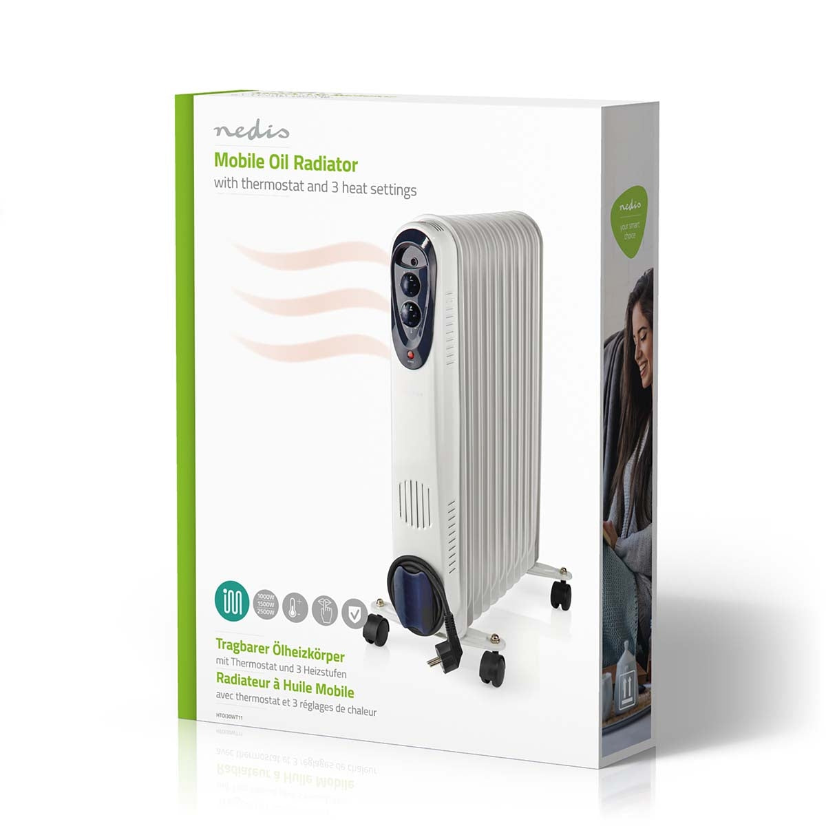 Mobile Oil Radiator | 1000 / 1500 / 2500 W | 11 Fins | Adjustable thermostat | 3 Heat Settings | Fall over protection | White