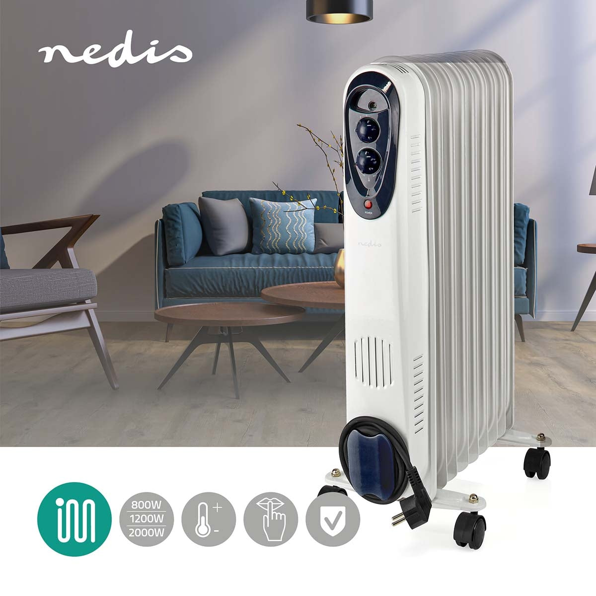 Mobile Oil Radiator | 800 / 1200 / 2000 W | 9 Fins | Adjustable thermostat | 3 Heat Settings | Fall over protection | White