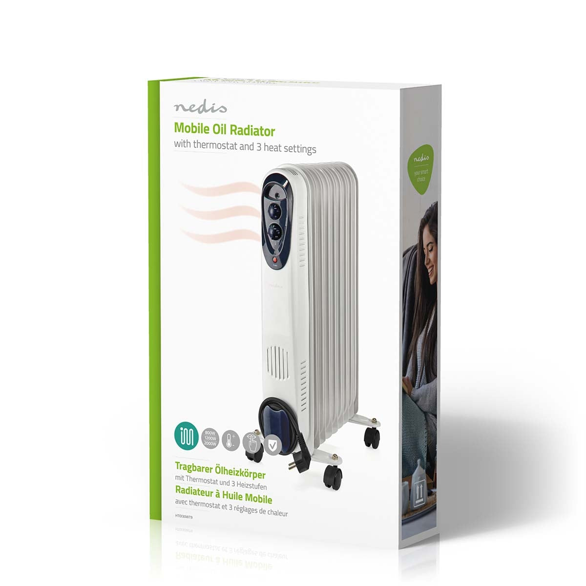 Mobile Oil Radiator | 800 / 1200 / 2000 W | 9 Fins | Adjustable thermostat | 3 Heat Settings | Fall over protection | White