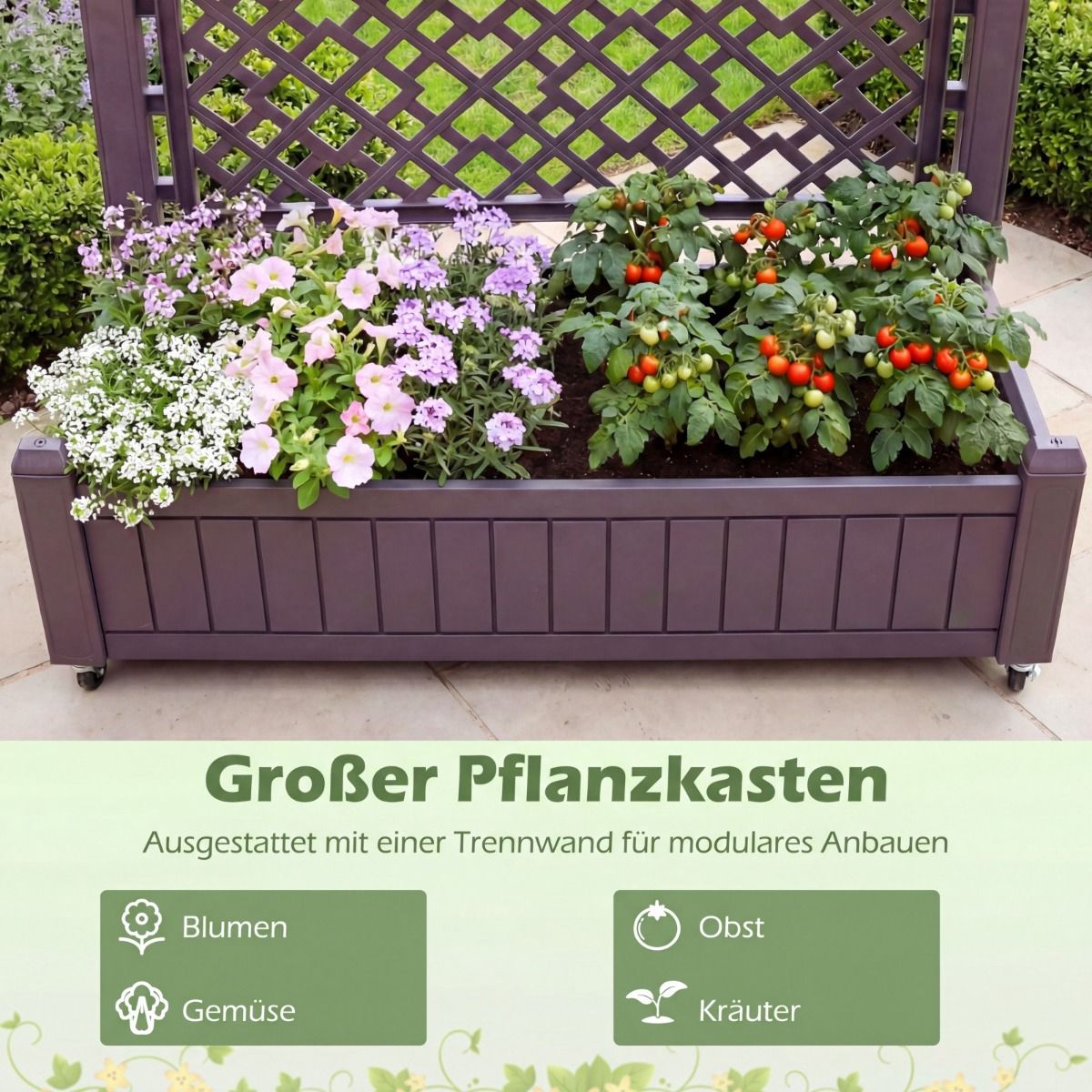 Mobile Planter with Trellis & Drainage, Brown, 80x40x140 cm