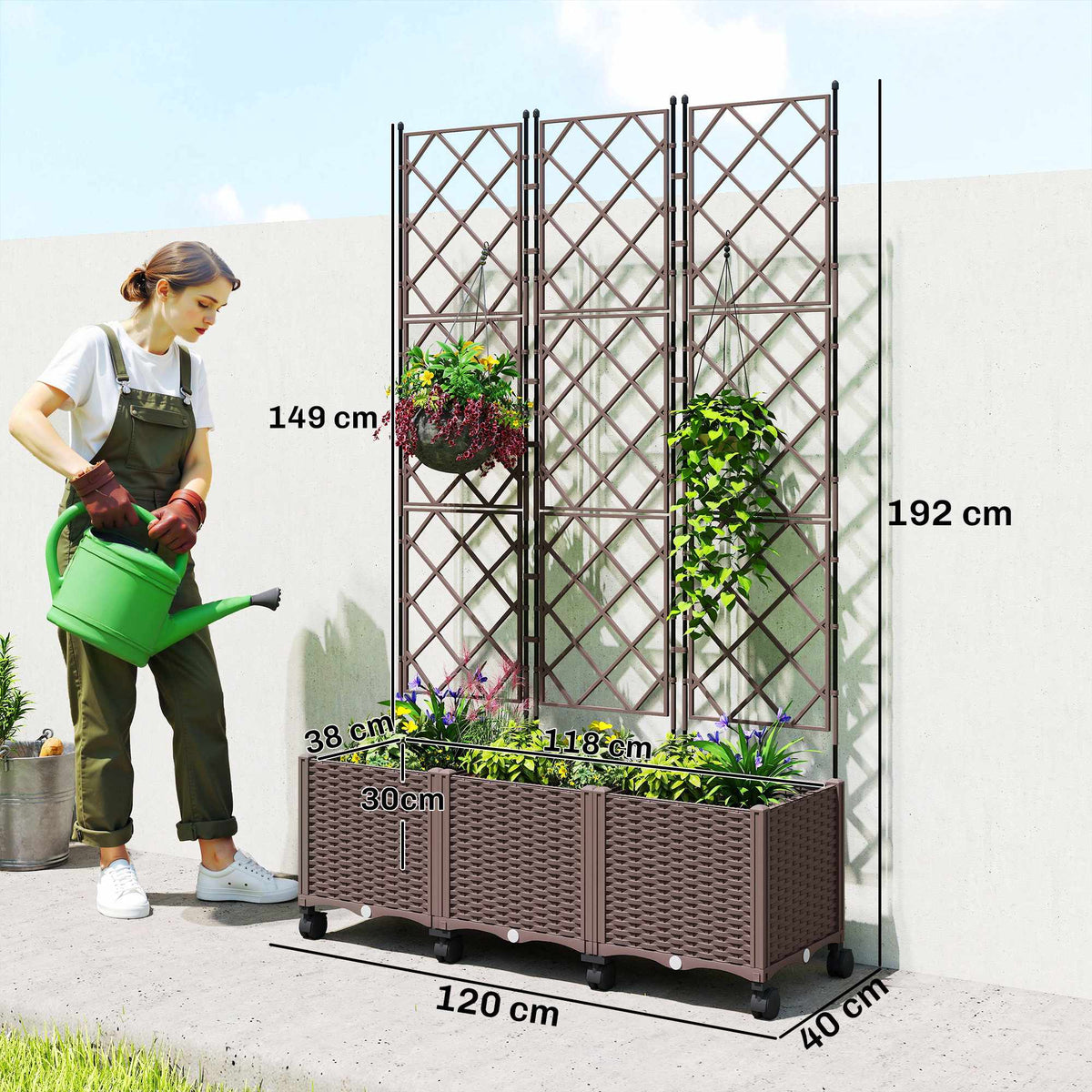 Mobile Planter with Trellis, Self-Watering, 120x40x192 cm