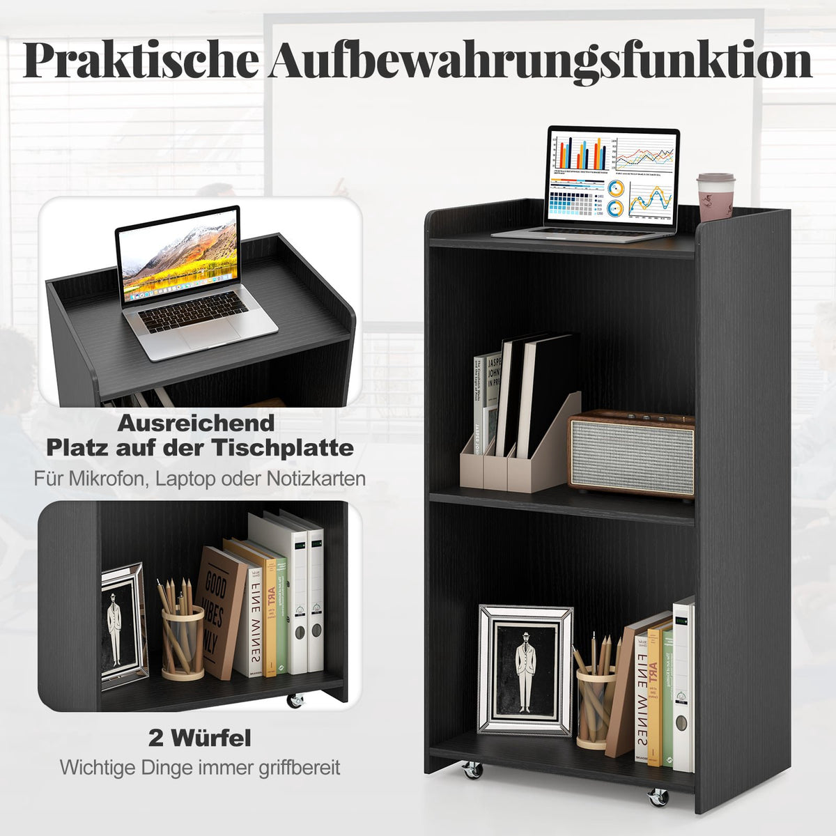 Mobile Podium Stand with Shelves, Black, 105 cm