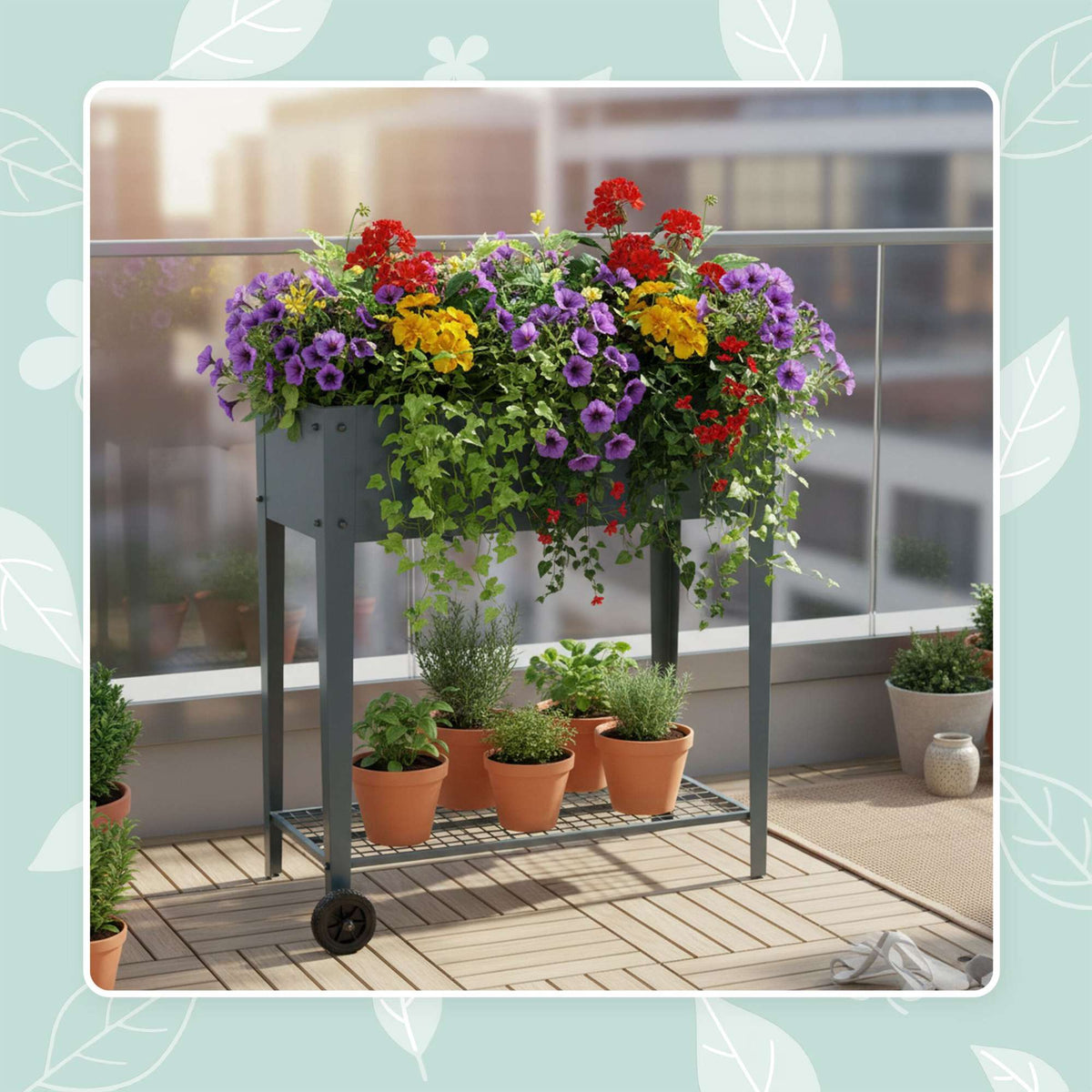 Mobile Raised Garden Bed With Wheels and Storage Shelf