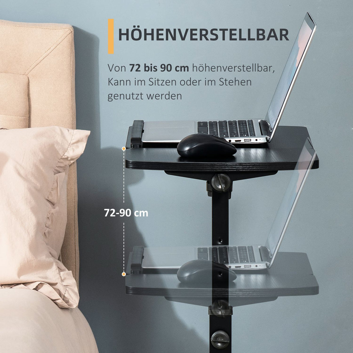 Mobile Side Table Laptop Stand With Wheels, Height Adjustable & Rotatable, Black, 58 X 34 X 72-90 Cm