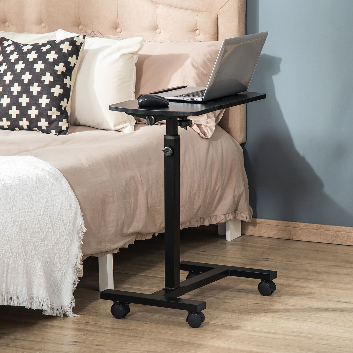 Mobile Side Table Laptop Stand With Wheels, Height Adjustable & Rotatable, Black, 58 X 34 X 72-90 Cm