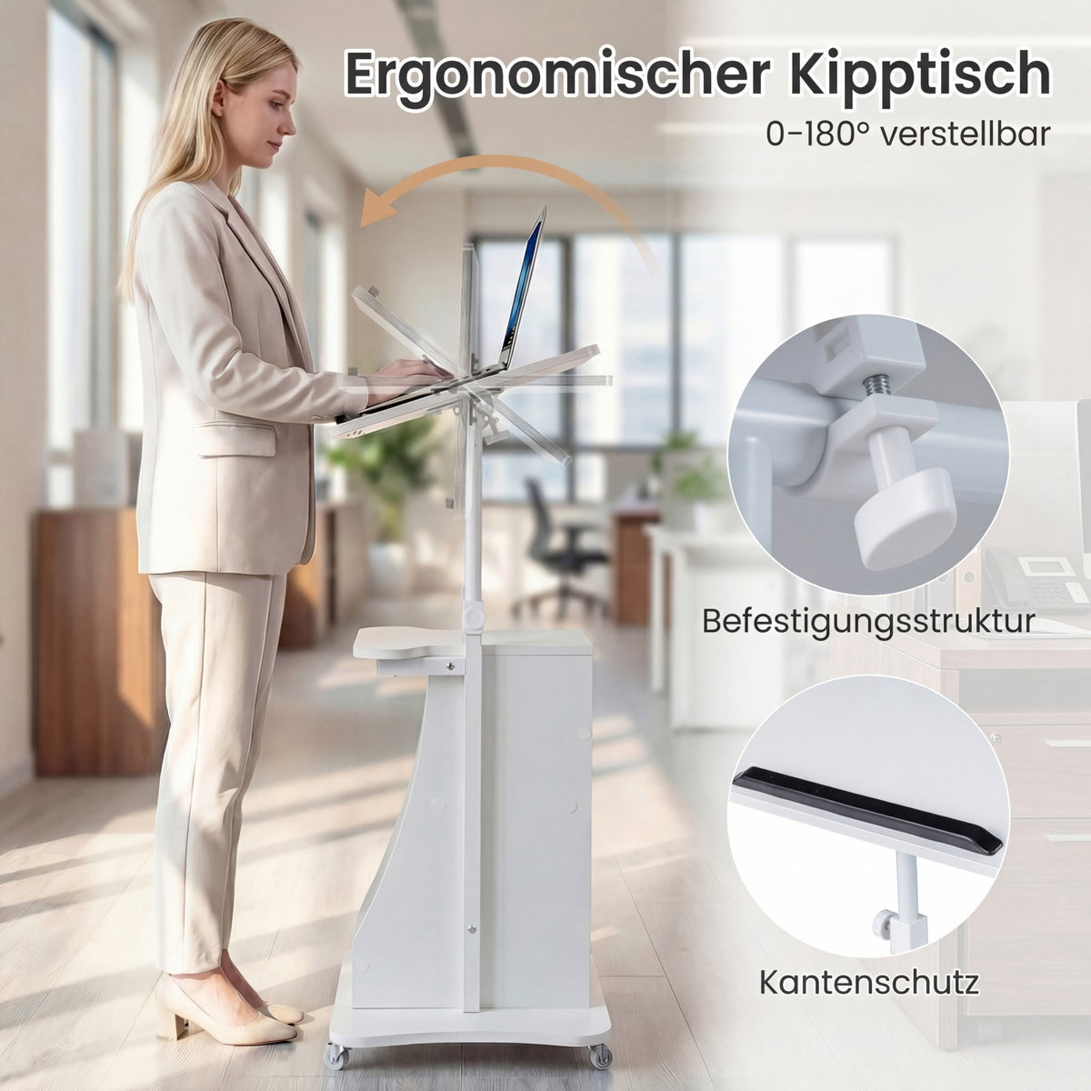 Mobile Standing Desk With Wheels, Tilting Top, 72-112 Cm