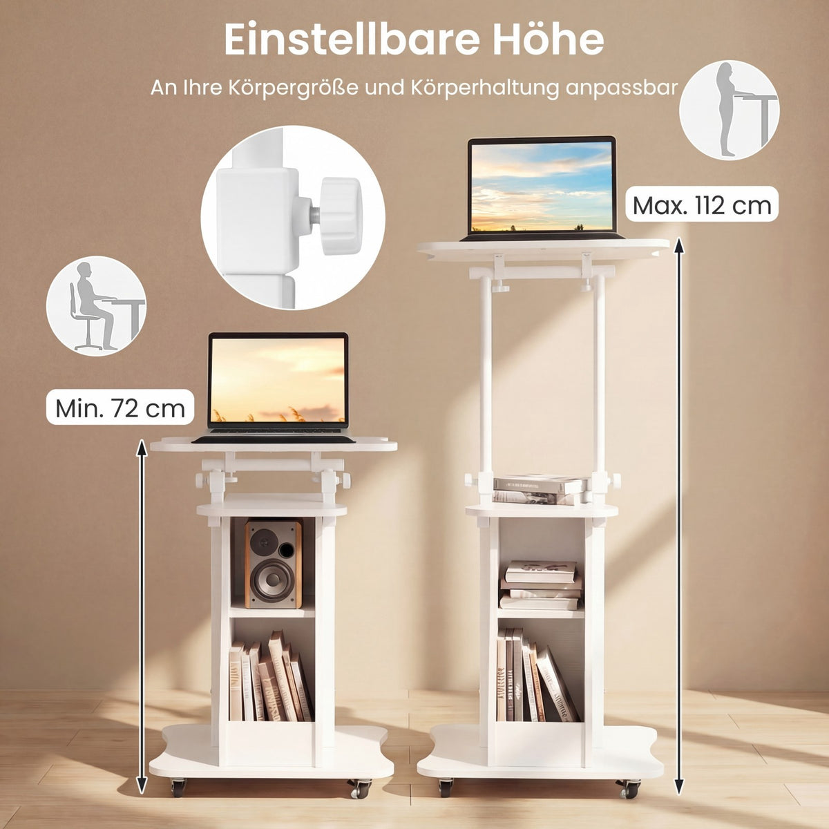 Mobile Standing Desk With Wheels, Tilting Top, 72-112 Cm
