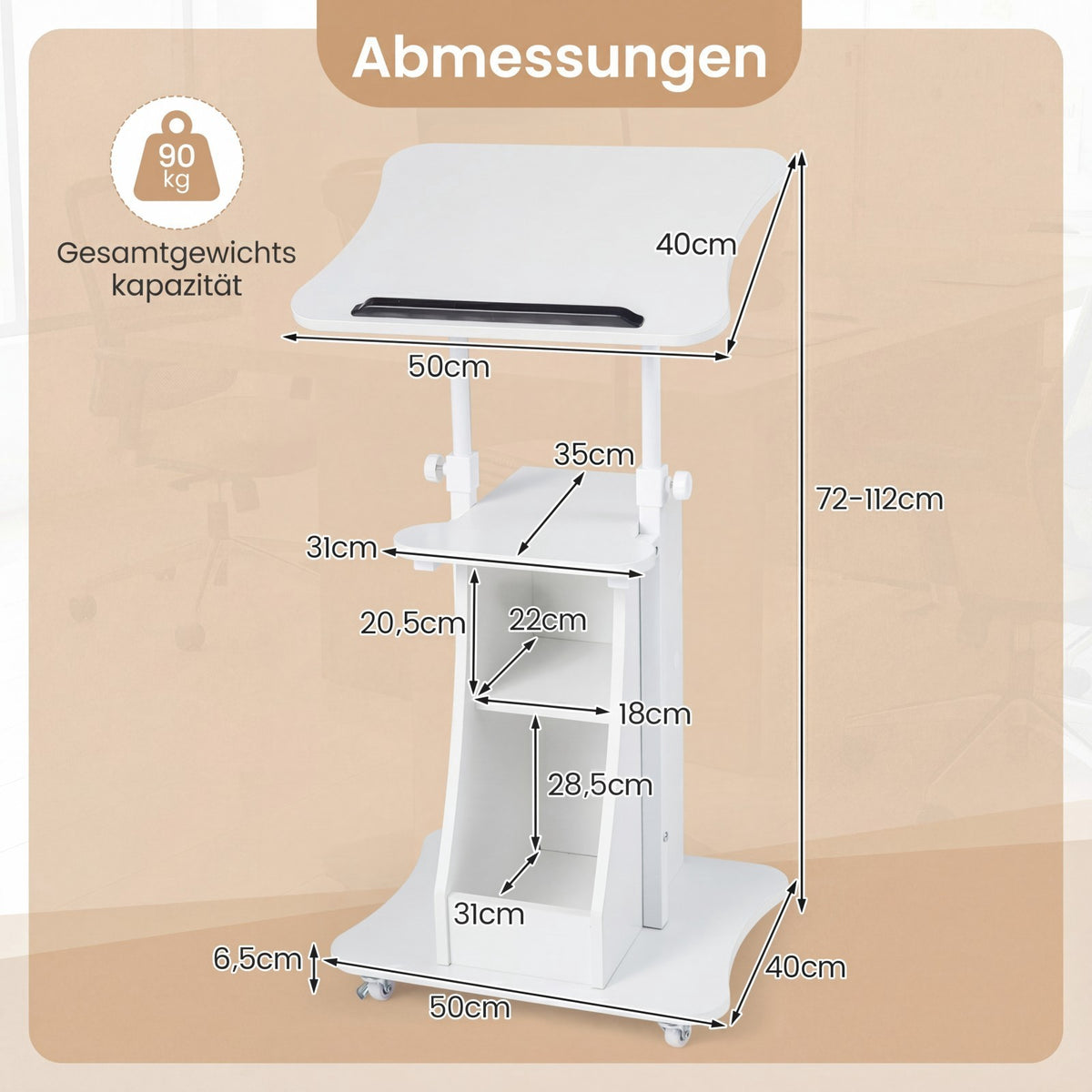Mobile Standing Desk With Wheels, Tilting Top, 72-112 Cm