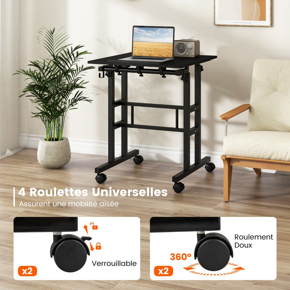 Mobile Standing Desk with Wheels, Height Adjustable, Black