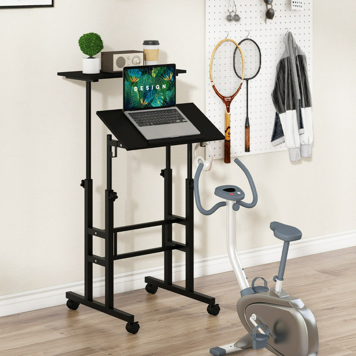 Mobile Standing Desk with Wheels, Height Adjustable, Black
