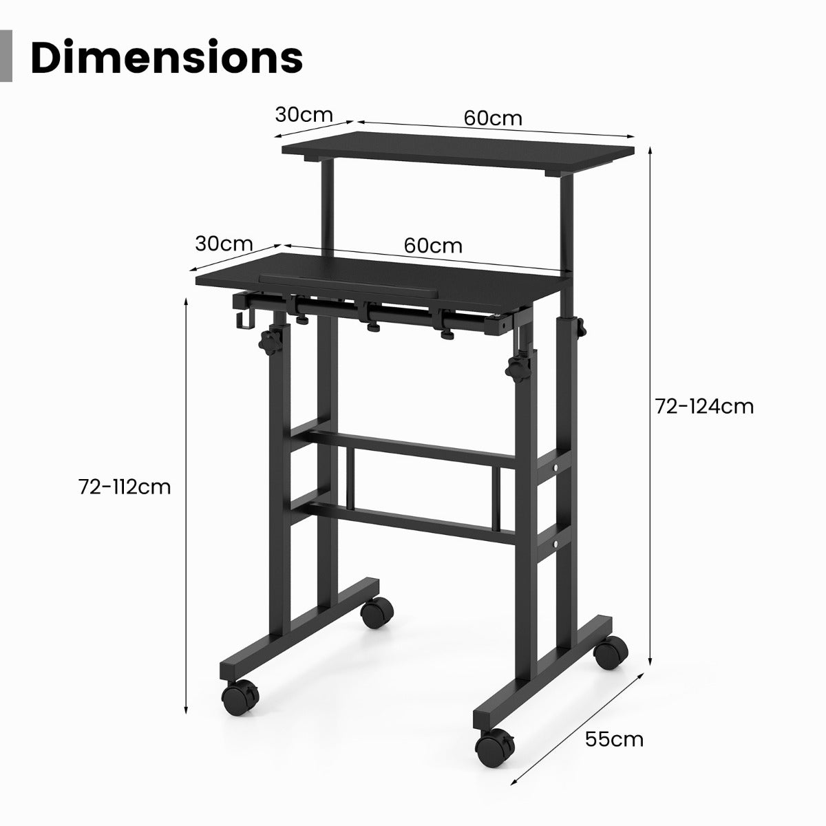 Mobile Standing Desk with Wheels, Height Adjustable, Black