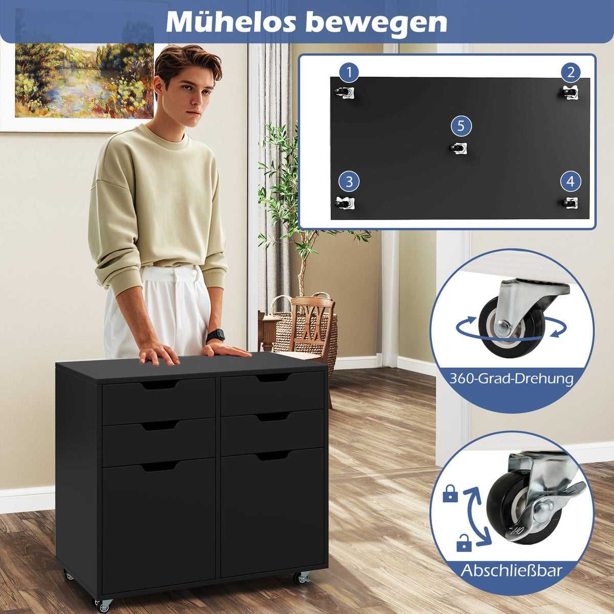 Mobile Storage Cabinet with 4 Drawers, 2 Doors, Black