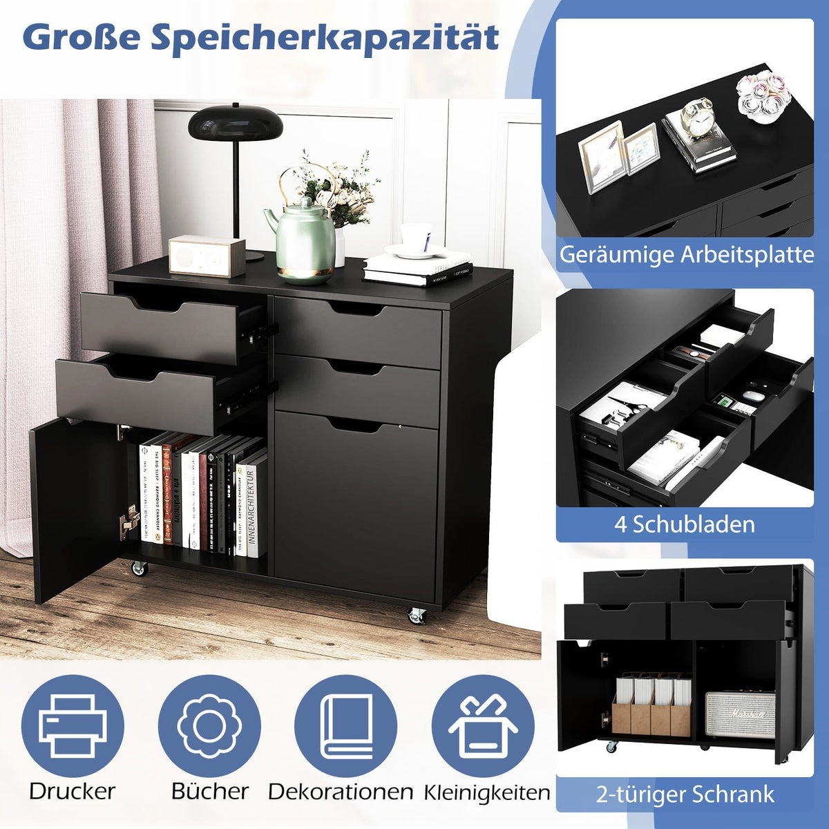 Mobile Storage Cabinet with 4 Drawers, 2 Doors, Black