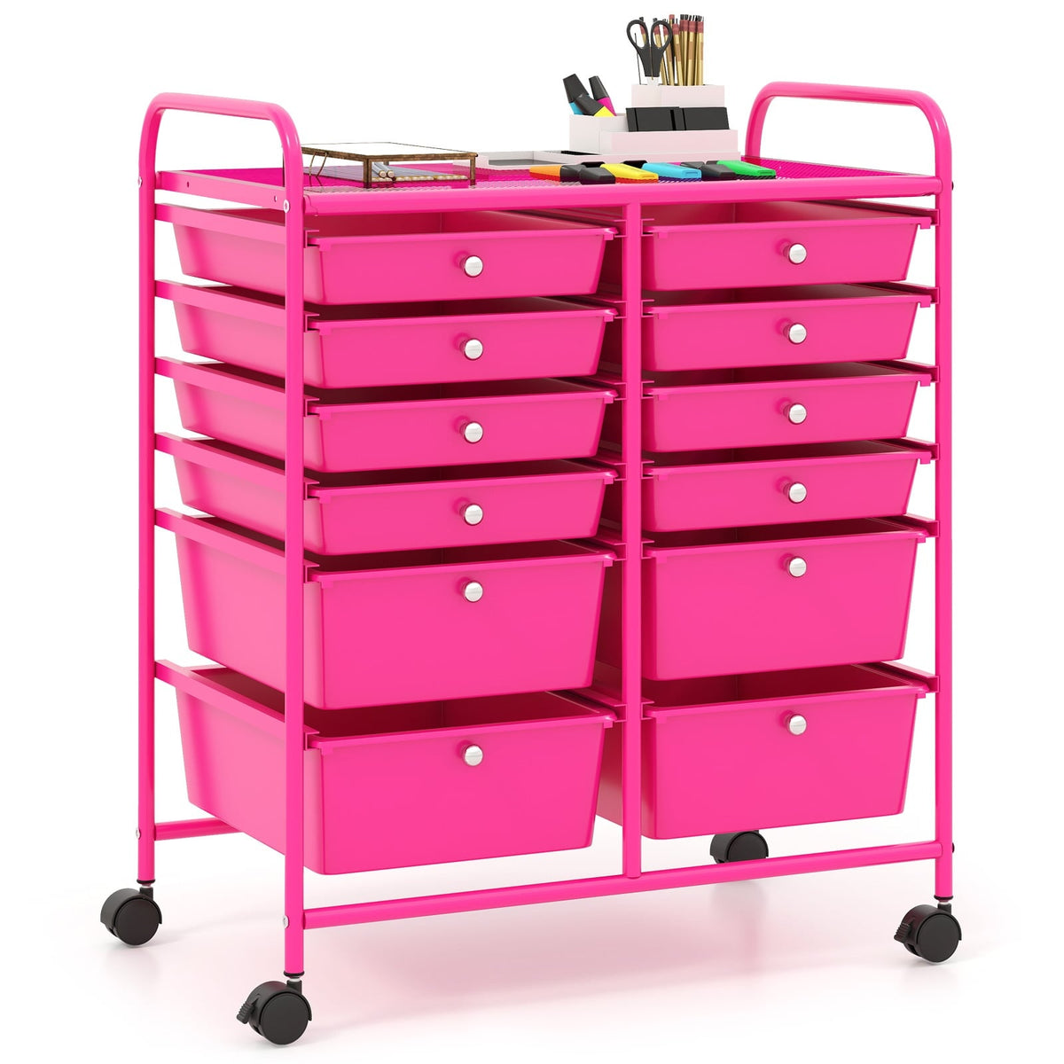 Mobile Storage Cart with 12 Drawers, Metal Frame, Pink