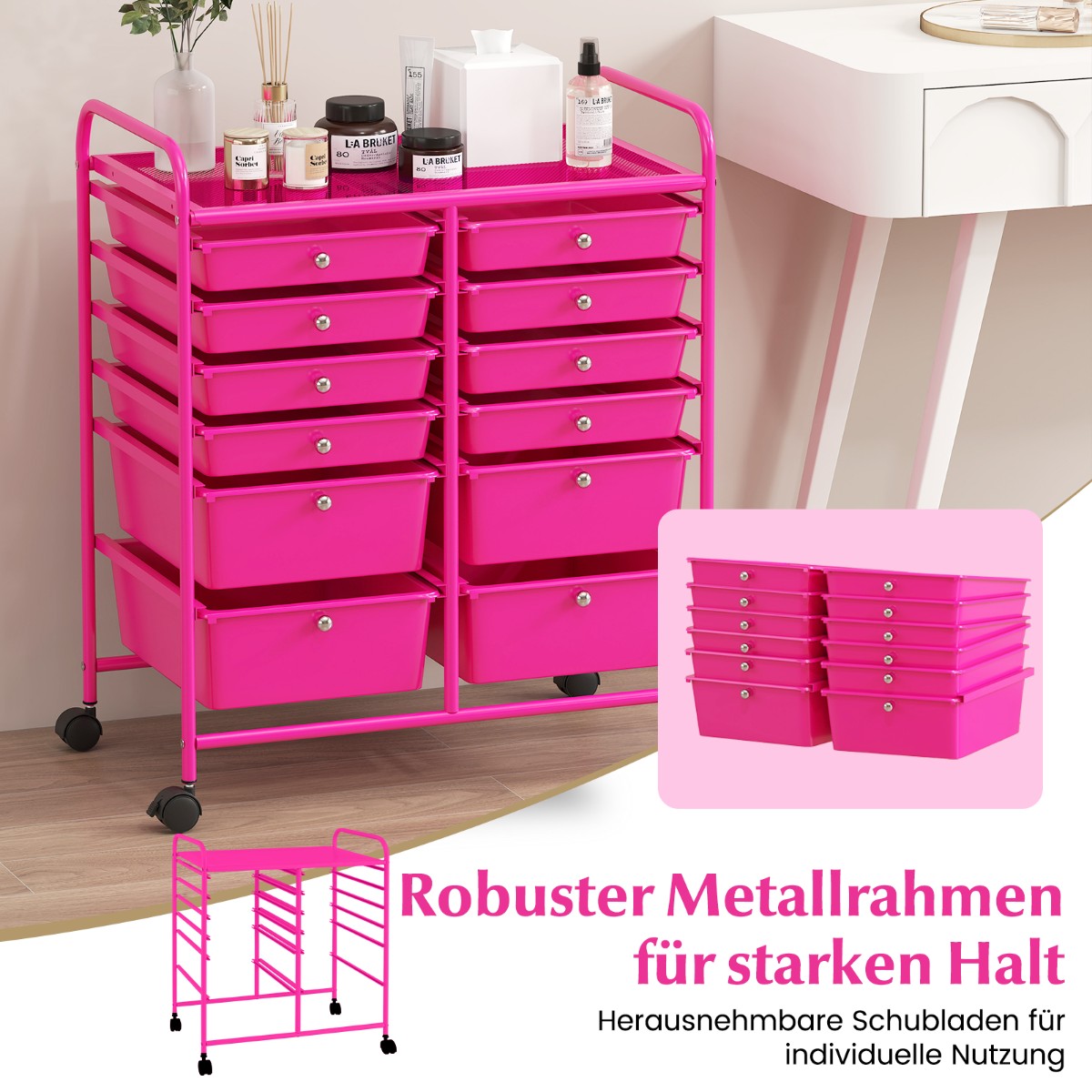 Mobile Storage Cart with 12 Drawers, Metal Frame, Pink