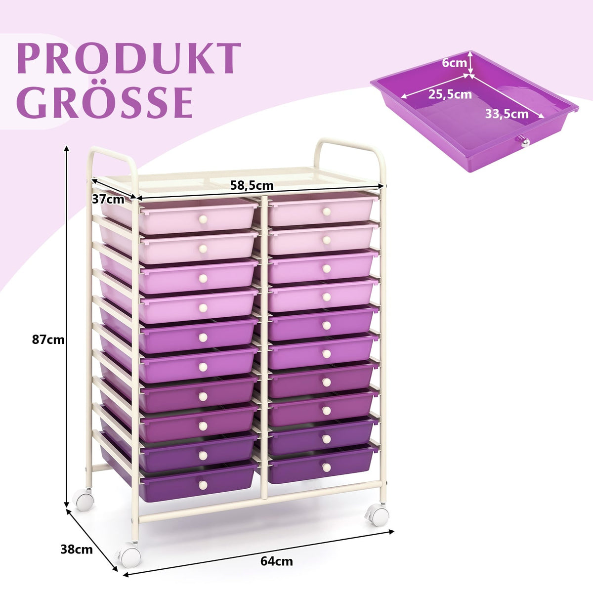Mobile Storage Cart with 20 Stackable Drawers, Purple