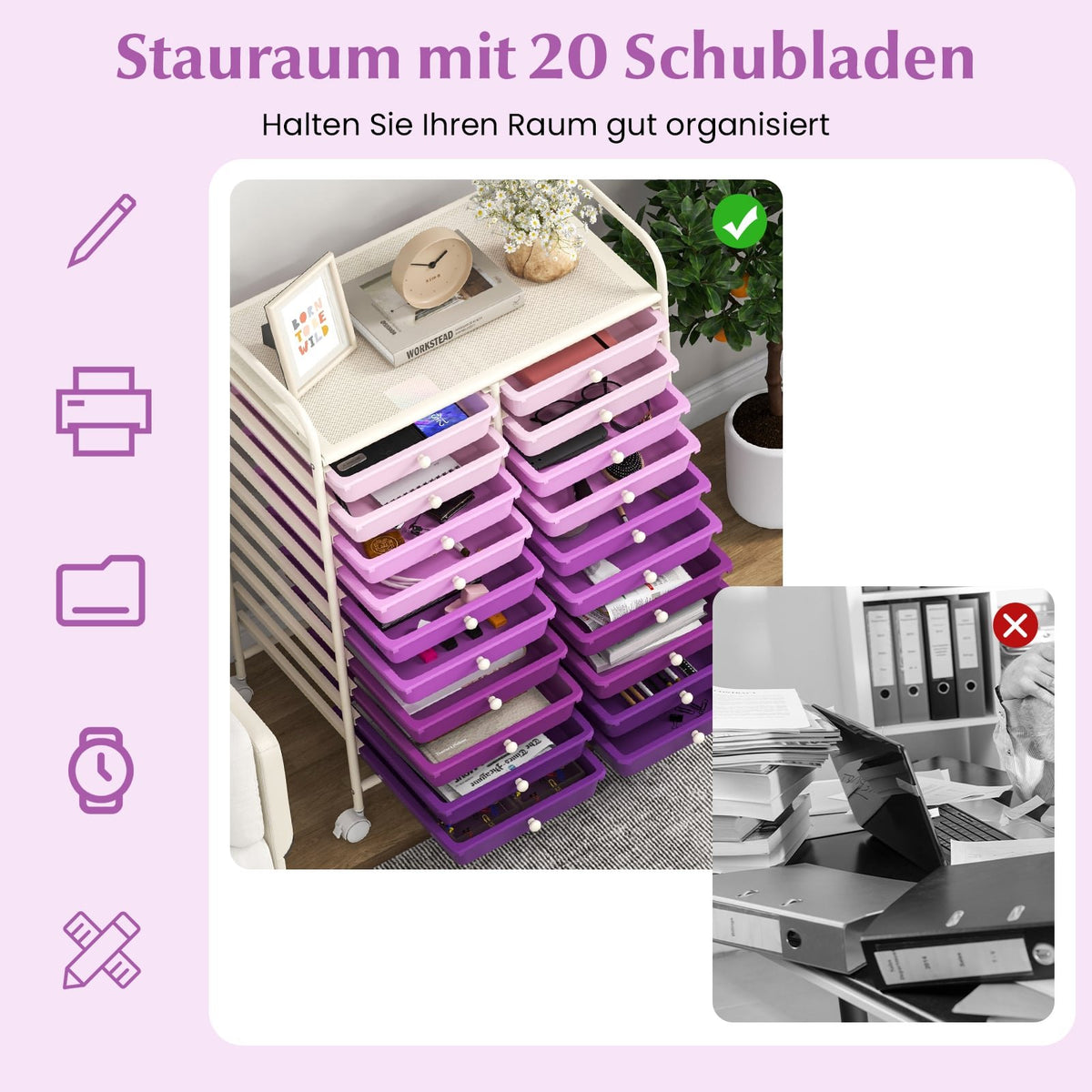 Mobile Storage Cart with 20 Stackable Drawers, Purple