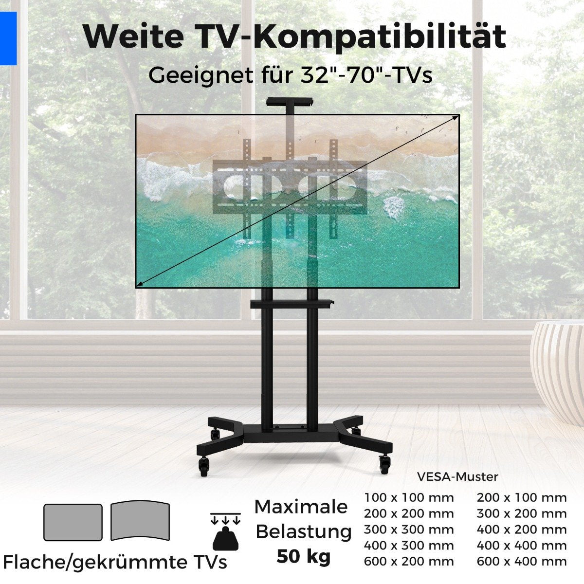 Mobile TV stand for 32-70 inch TVs up to 50 kg. Adjustable TV trolley with camera shelf