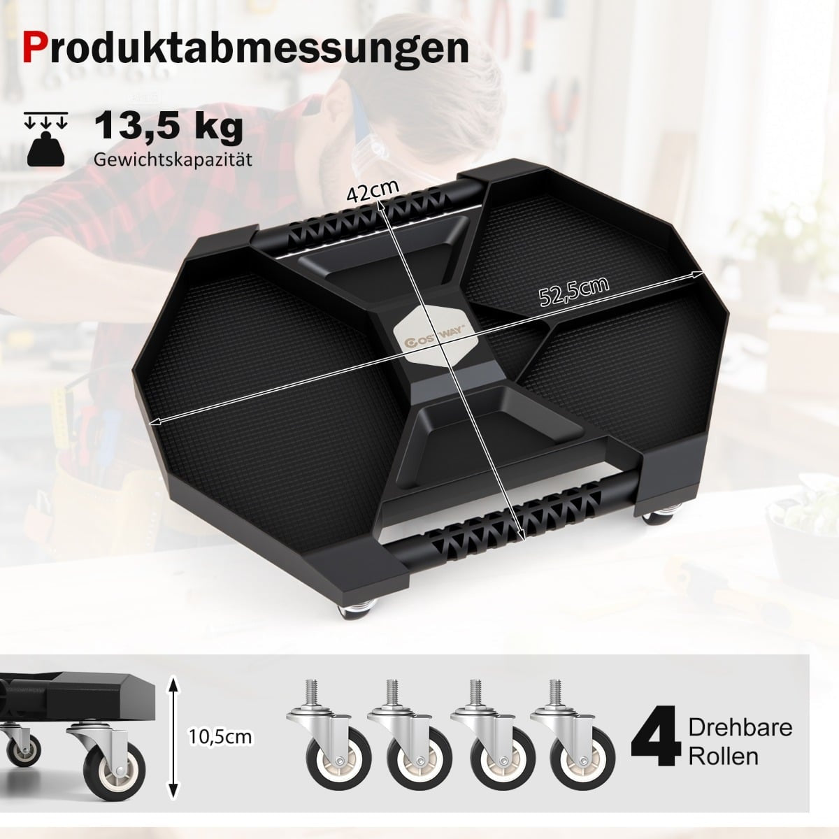 Mobile Tool Creeper with 4 Swivel Wheels, 135kg Capacity