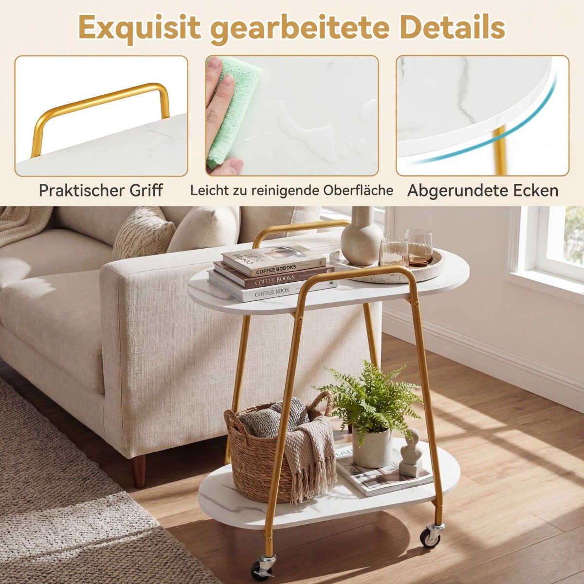 Mobile Two-Tier Side Table with Faux Marble Surface