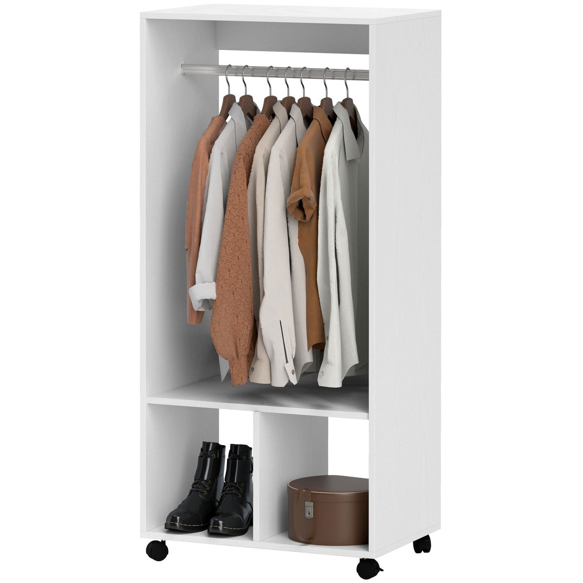 Mobile Wardrobe Wardrobe Cabinet with Shelf 4 Swivel Wheels for Living Room Bedroom Aluminum Alloy 60 x 40 x 127 cm White