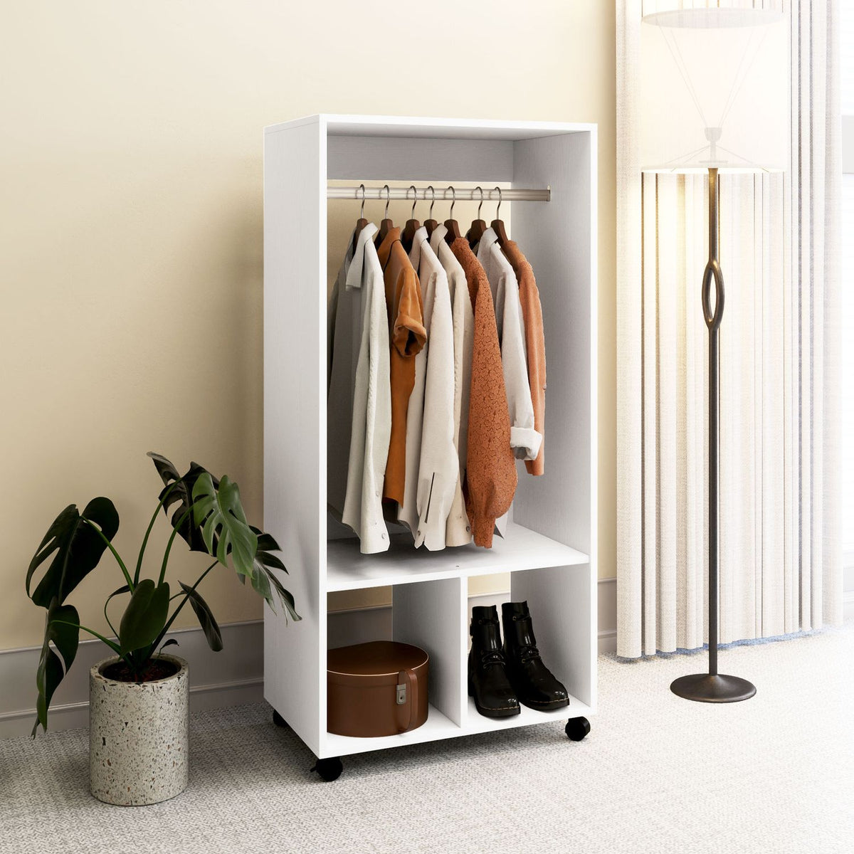 Mobile Wardrobe Wardrobe Cabinet with Shelf 4 Swivel Wheels for Living Room Bedroom Aluminum Alloy 60 x 40 x 127 cm White