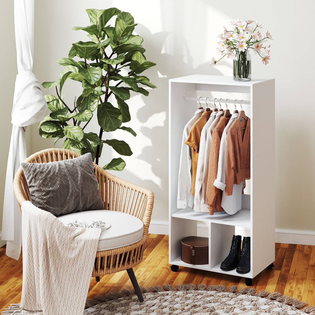 Mobile Wardrobe Wardrobe Cabinet with Shelf 4 Swivel Wheels for Living Room Bedroom Aluminum Alloy 60 x 40 x 127 cm White