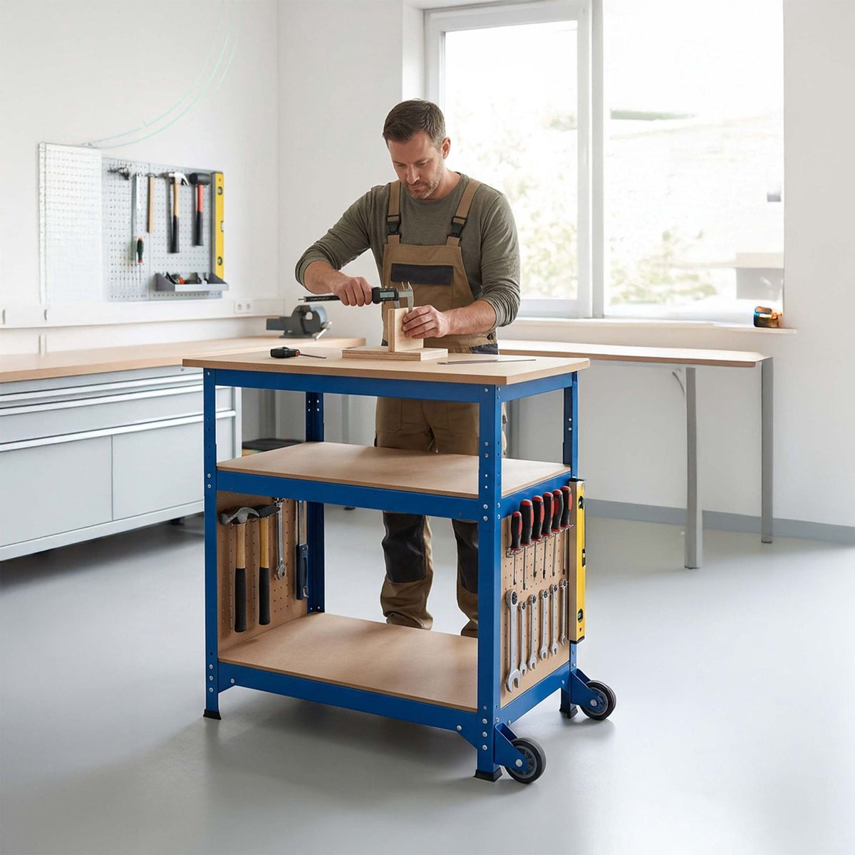 Mobile Workbench With Casters, Pegboard, Adjustable Height