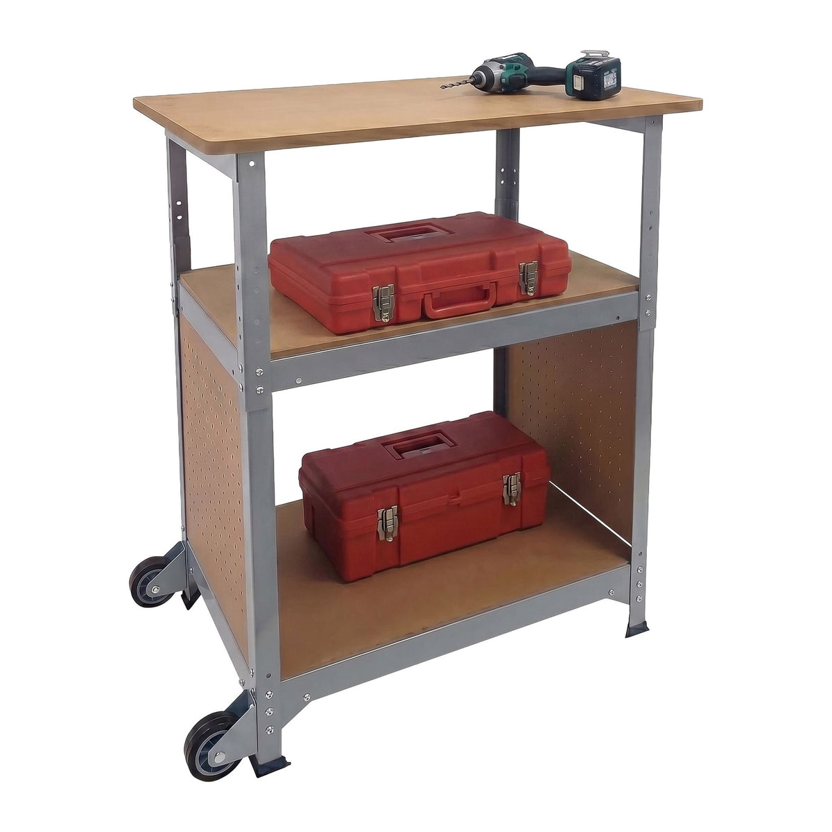 Mobile Workbench With Casters, Pegboard, Adjustable Height