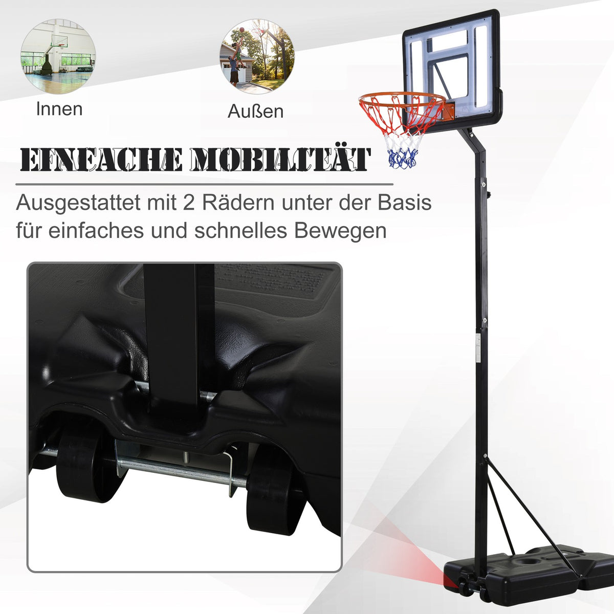 Mobile basketball stand basketball hoop with height-adjustable stand, steel + plastic, black, 90 x 165 x 302-352 cm