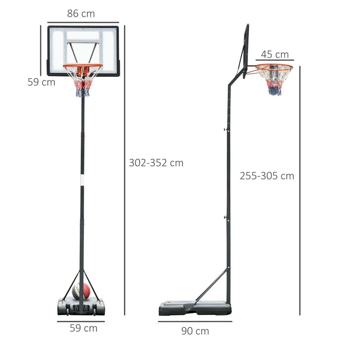 Mobile basketball stand basketball hoop with height-adjustable stand, steel + plastic, black, 90 x 165 x 302-352 cm