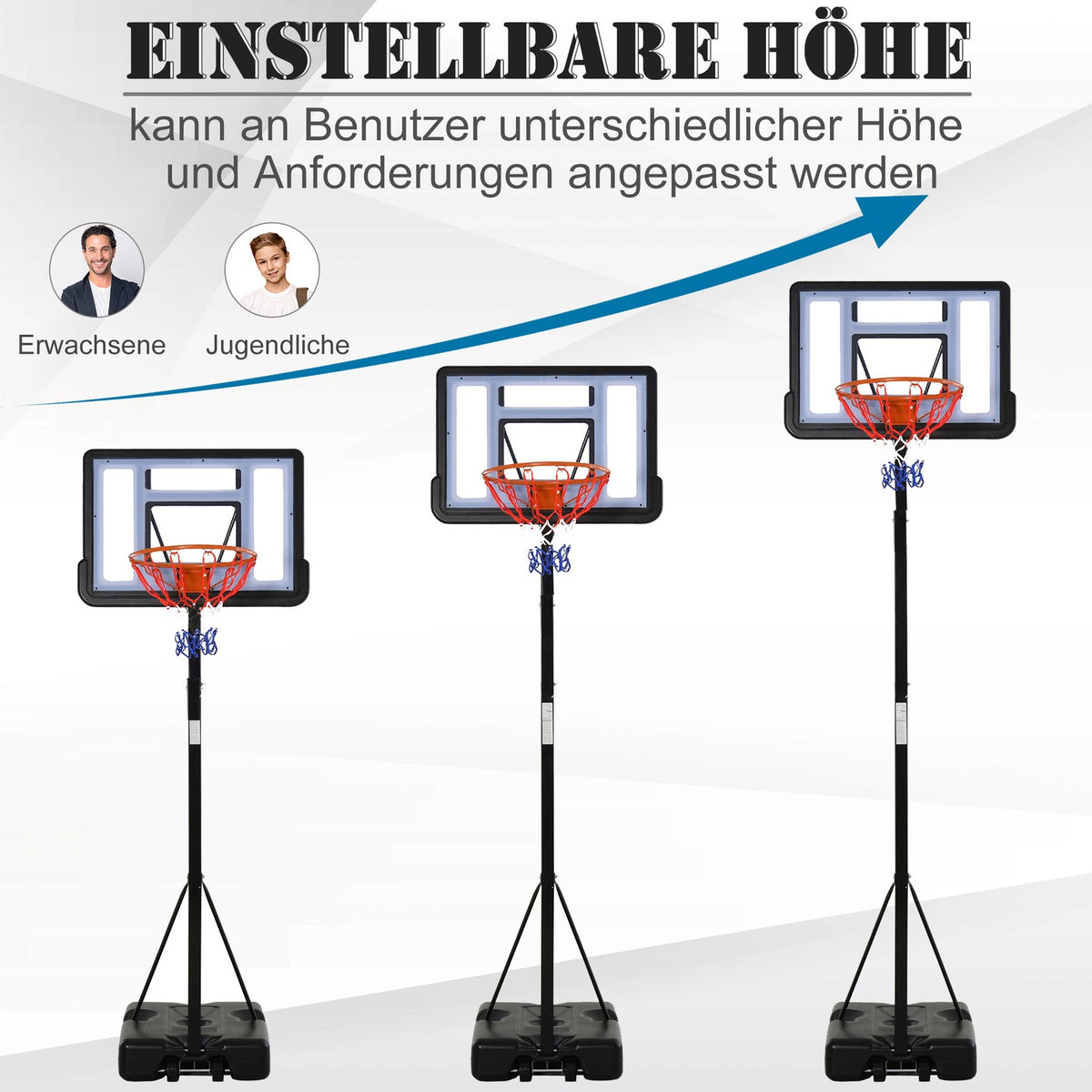 Mobile basketball stand basketball hoop with height-adjustable stand, steel + plastic, black, 90 x 165 x 302-352 cm