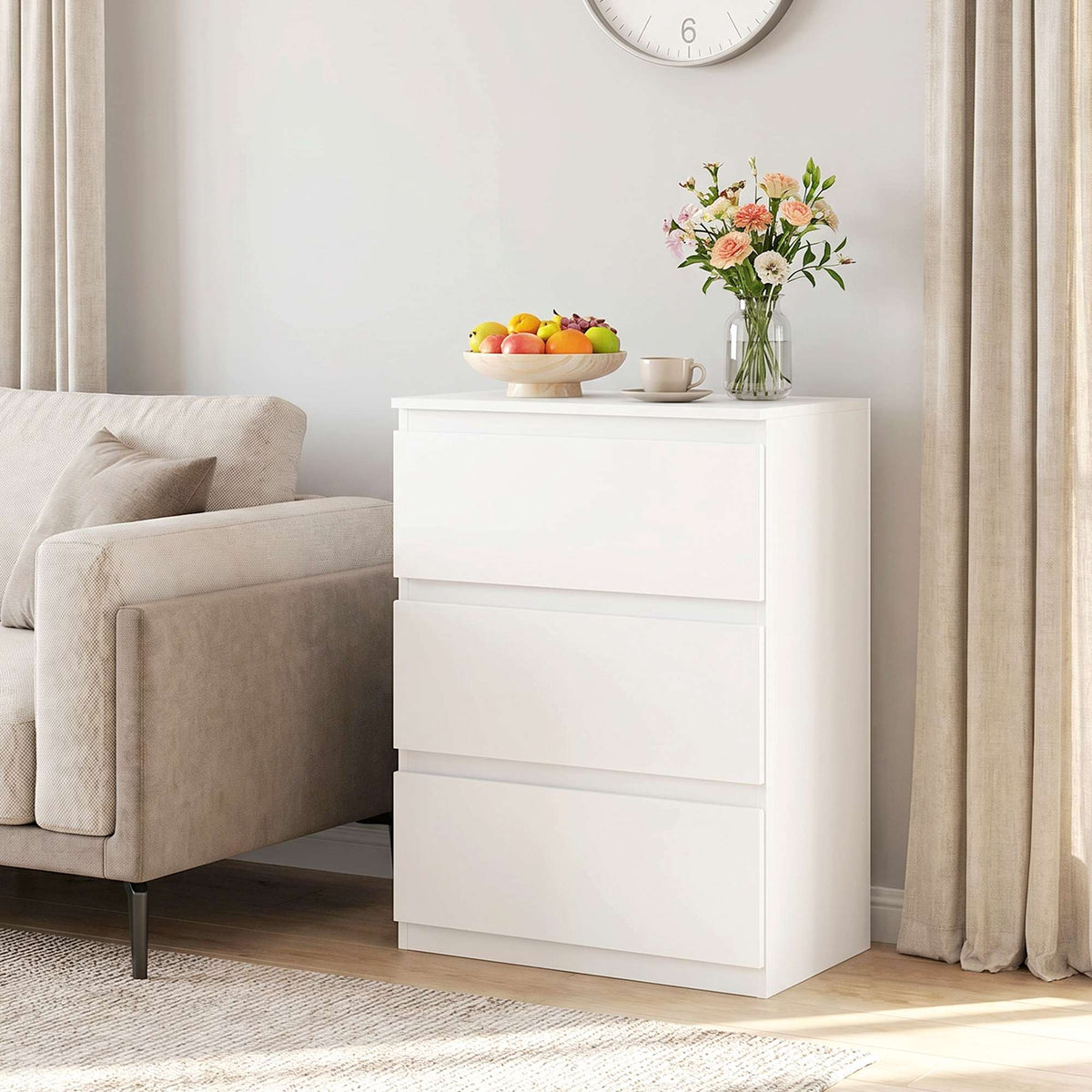 Modern 3-Drawer Dresser, White, 55 x 34 x 75 cm