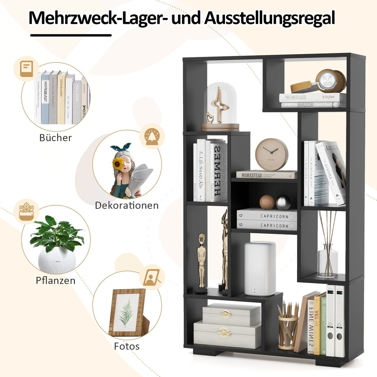 Modern Bookshelf with Open Shelves & Anti-Tip, Black