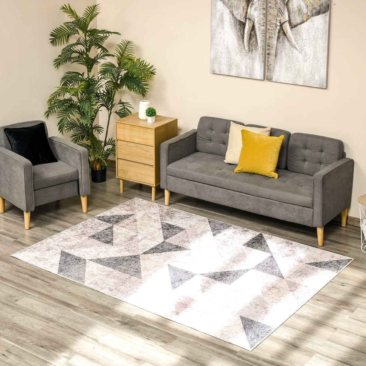 Modern Carpet 230 X 160 Cm Trend Design With Geometric Shapes, For Living Room Bedroom, Non-Woven Coating, Gray + Black + White