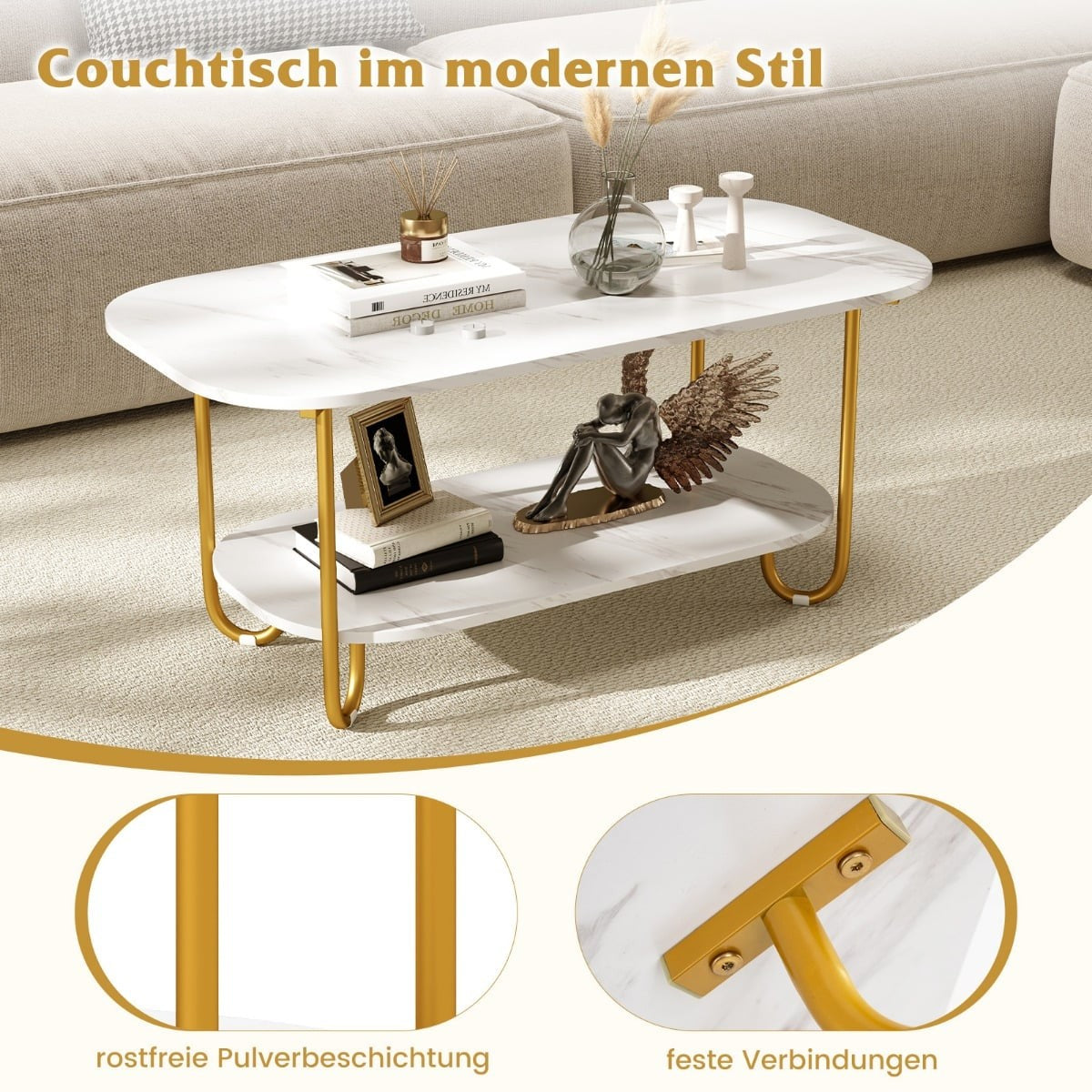 Modern Coffee Table with Faux Marble Top, 2-Tier Design
