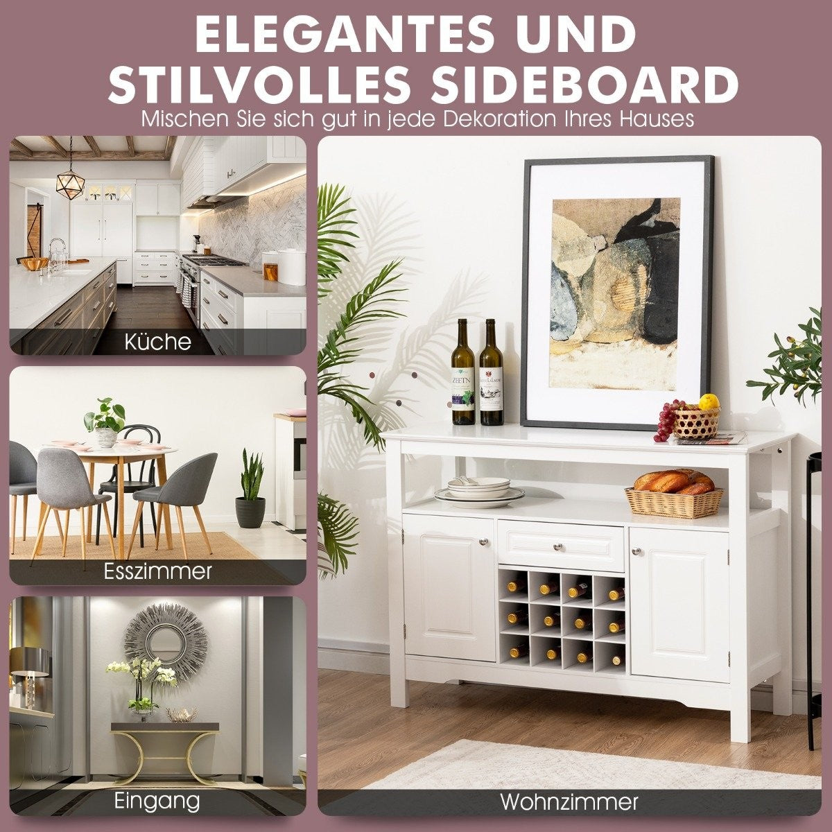 Modern Dining Room Buffet with Cross Shaped Wine Rack Open Shelf 2 Cabinets & Drawer White