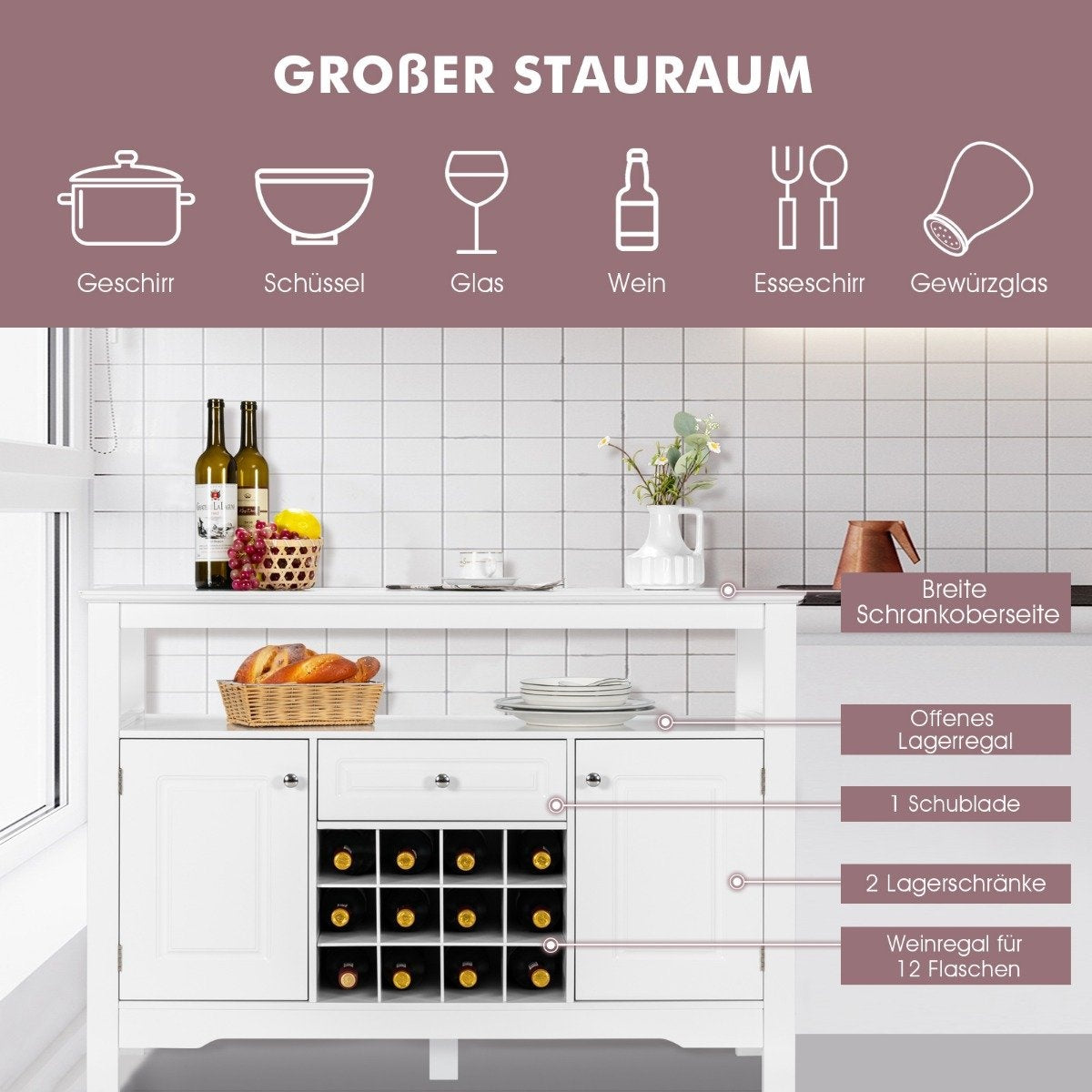 Modern Dining Room Buffet with Cross Shaped Wine Rack Open Shelf 2 Cabinets & Drawer White
