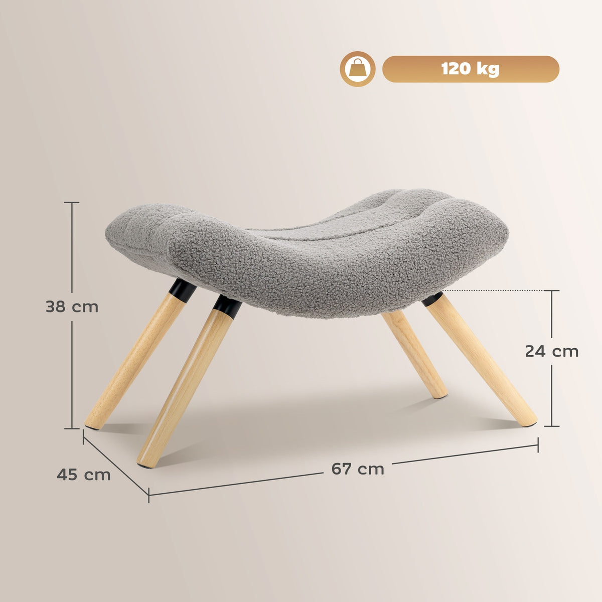 Modern Footstool with Fleece Cover and Wooden Legs, Light Grey