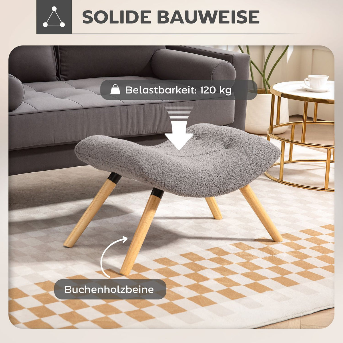 Modern Footstool with Fleece Cover and Wooden Legs, Light Grey