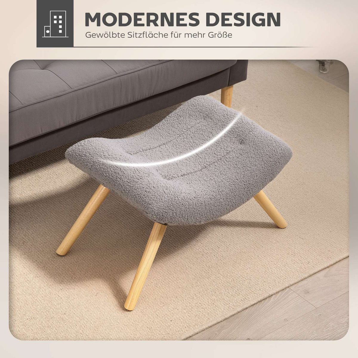 Modern Footstool with Fleece Cover and Wooden Legs, Light Grey