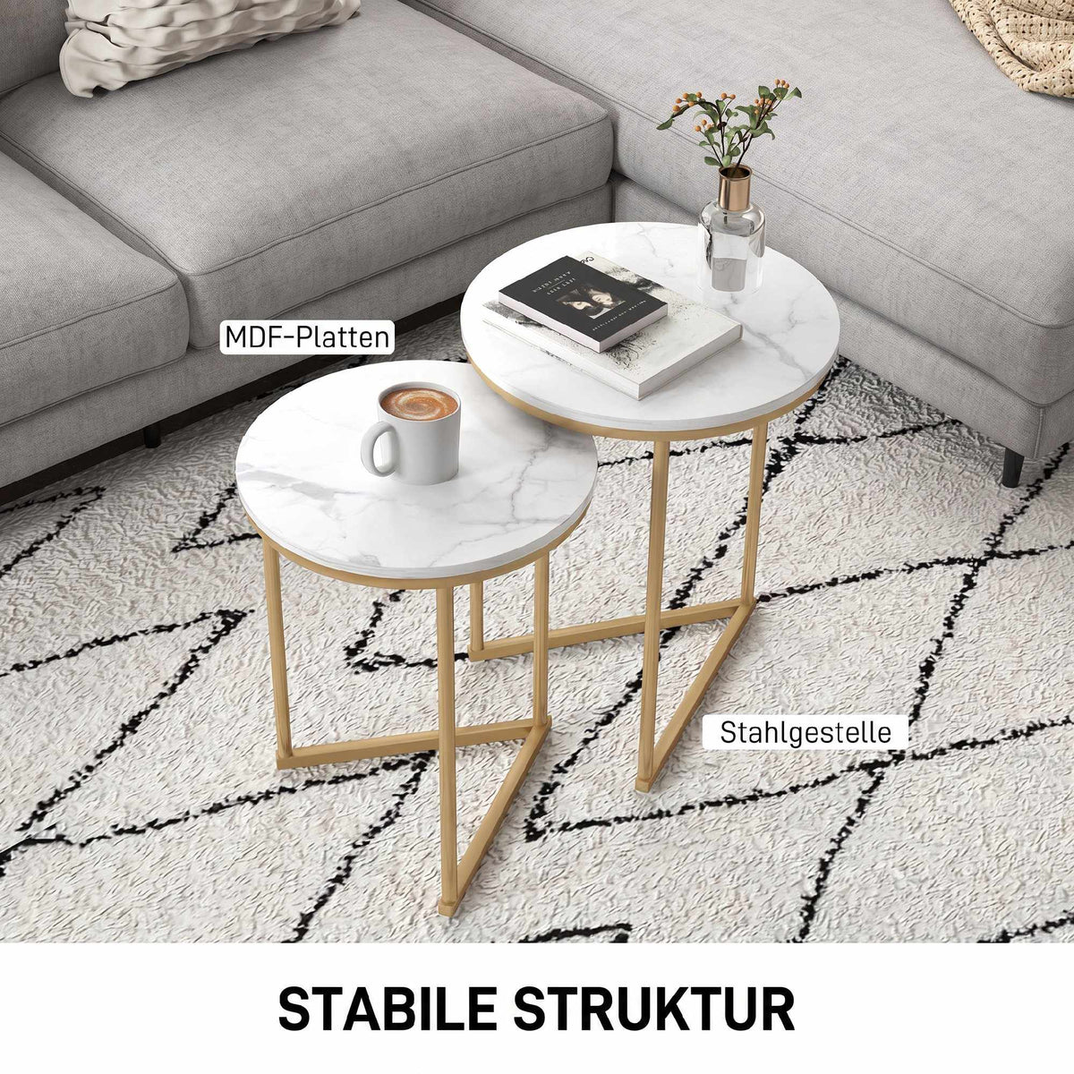 Modern Nesting Coffee Table Set with Gold Steel Legs