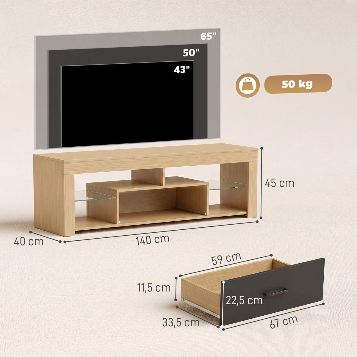 Modern Oak TV Stand with Adjustable Glass Shelves, 65-Inch