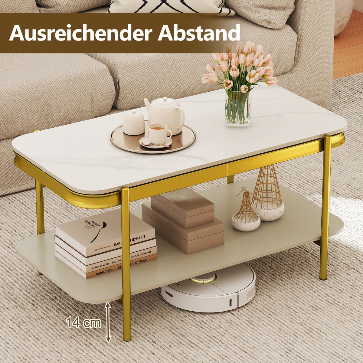Modern White Coffee Table with Sintered Stone Top, Storage